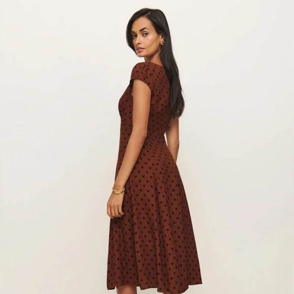 Reformation Brown Polka Dot Midi Dress with Black Spots - Picture 4 of 5